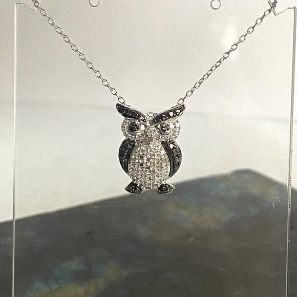 Sterling Silver 925 Black White Owl Single Diamond Pendant Necklace 18" Chain - Picture 2 of 16